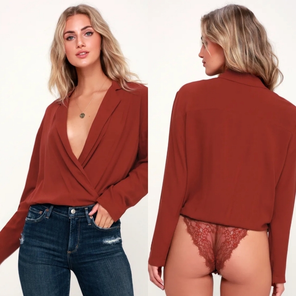 FREE PEOPLE Elsa Rust Red Long Sleeve Surplice Bodysuit S. - Picture 2 of 2